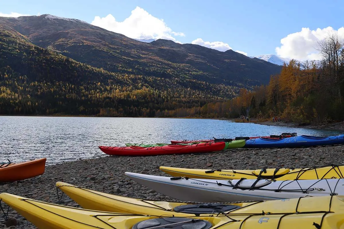 Kayaks at Eklutna Lake in Alaska