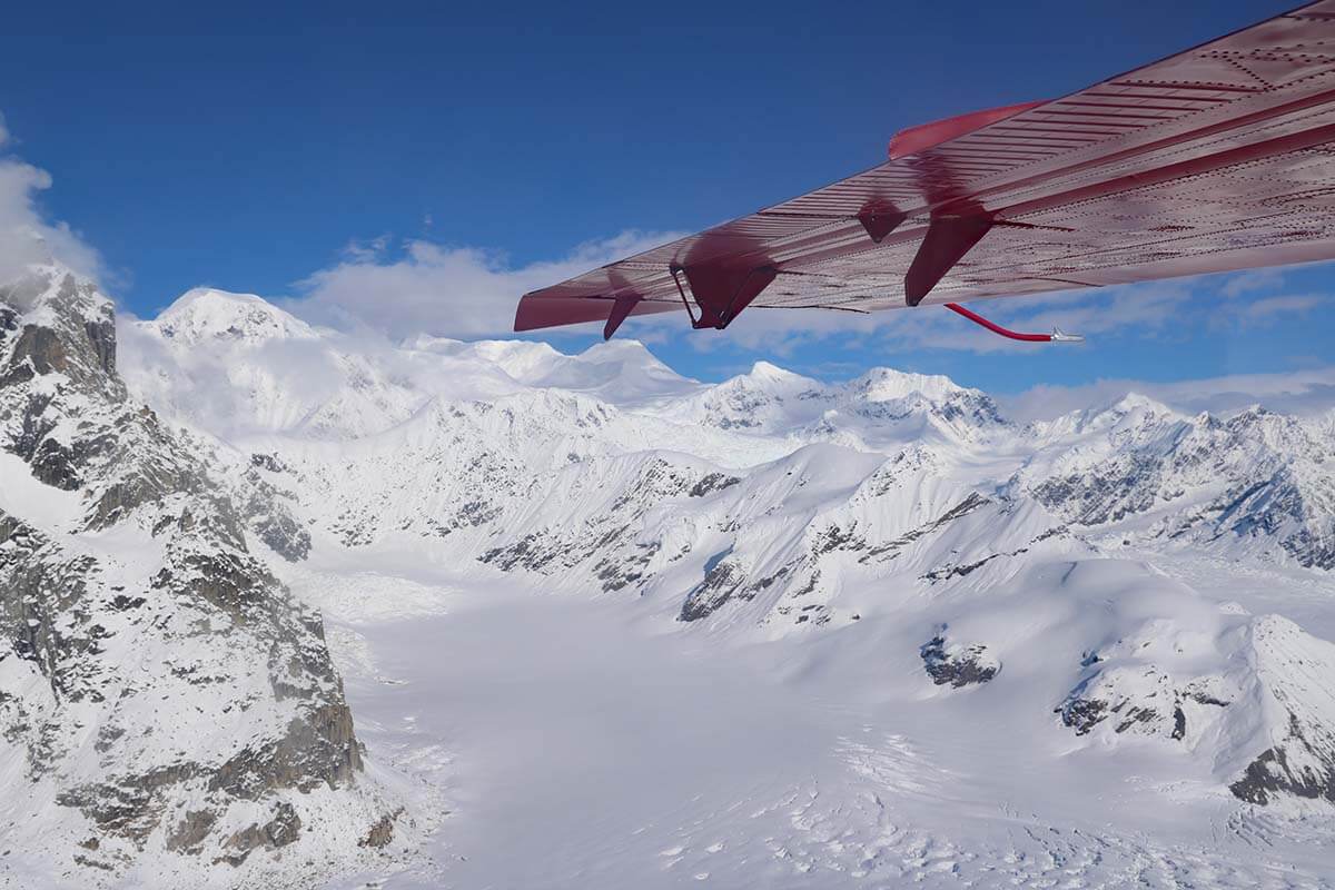 Mt Denali and glaciers aerial view from an airplane