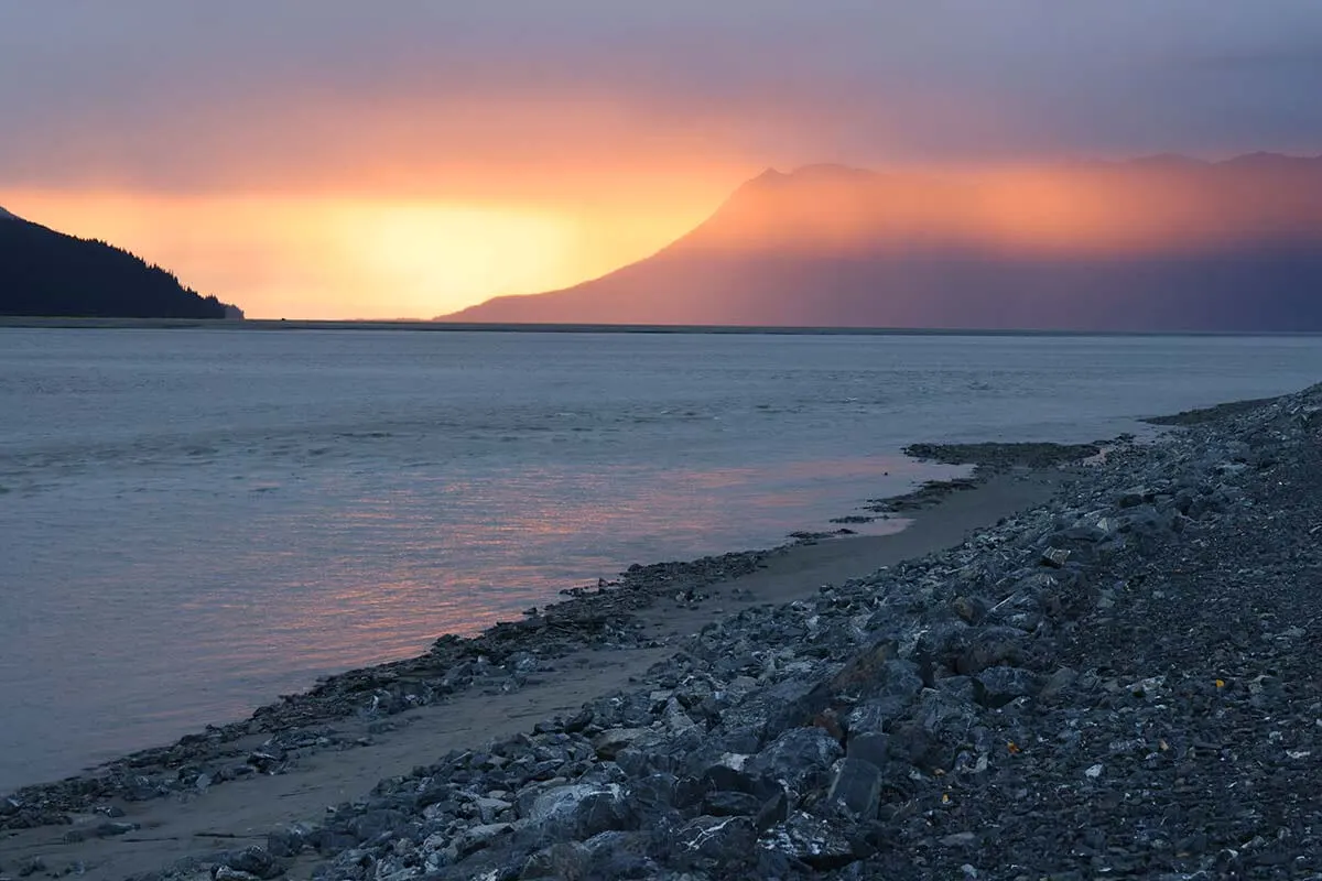 Turnagain Arm sunset - scenic drive on Seward Highway Alaska