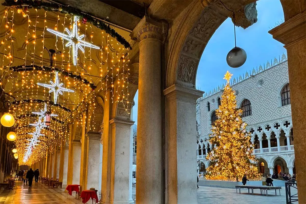 Venice in December - Christmas tree and festive lights at St Mark's Square and Doge's Palace