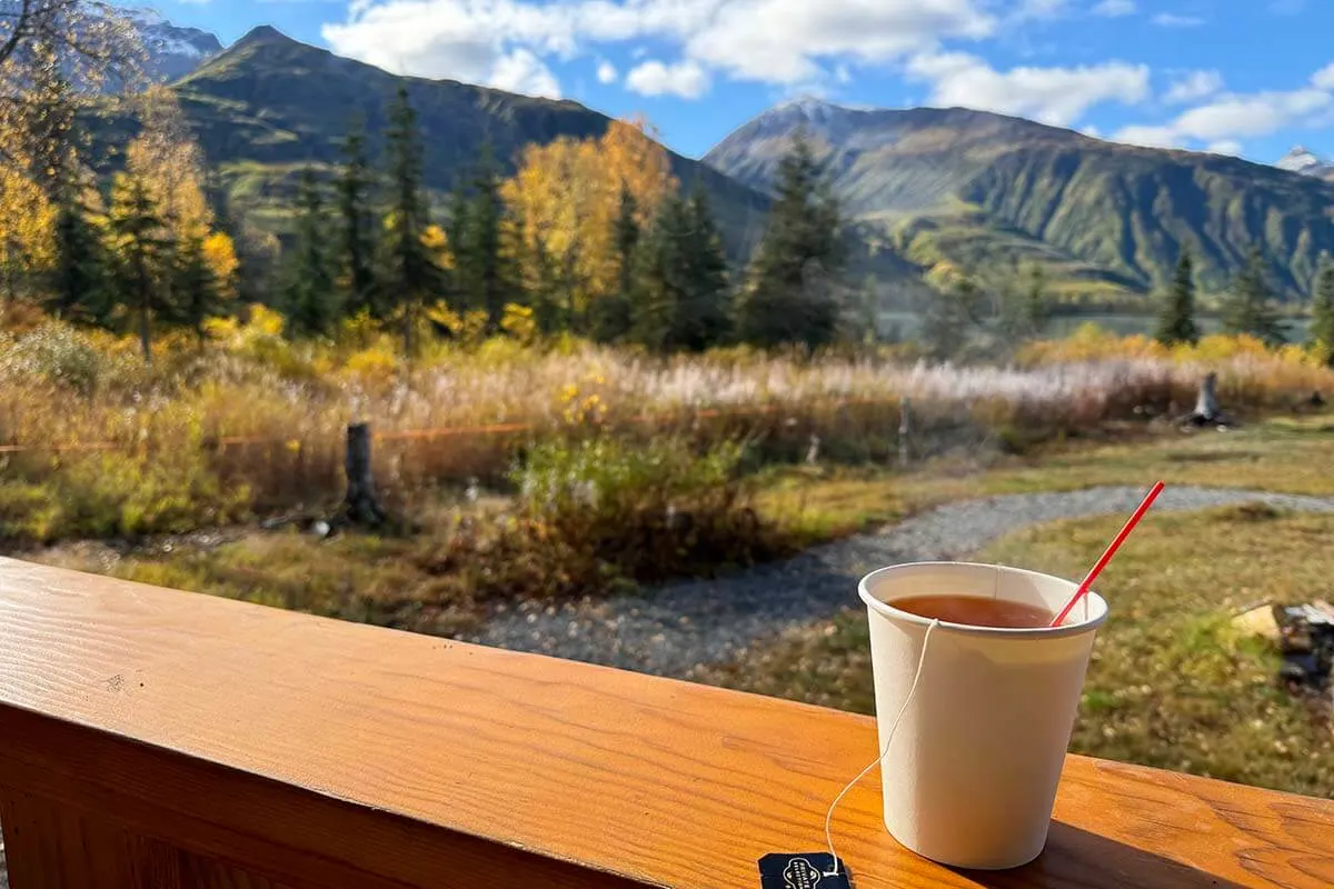 A cup of hot tea at Redoubt Lodge in Lake Clark National Park in Alaska