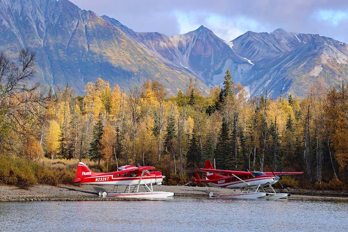 Fly Rusts floatplanes parked on Lake Crescent in Alaska