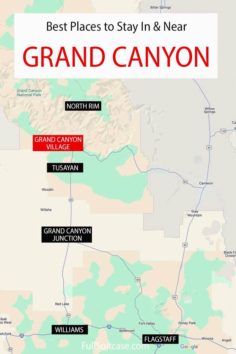 Map of the best places to stay in Grand Canyon and nearby