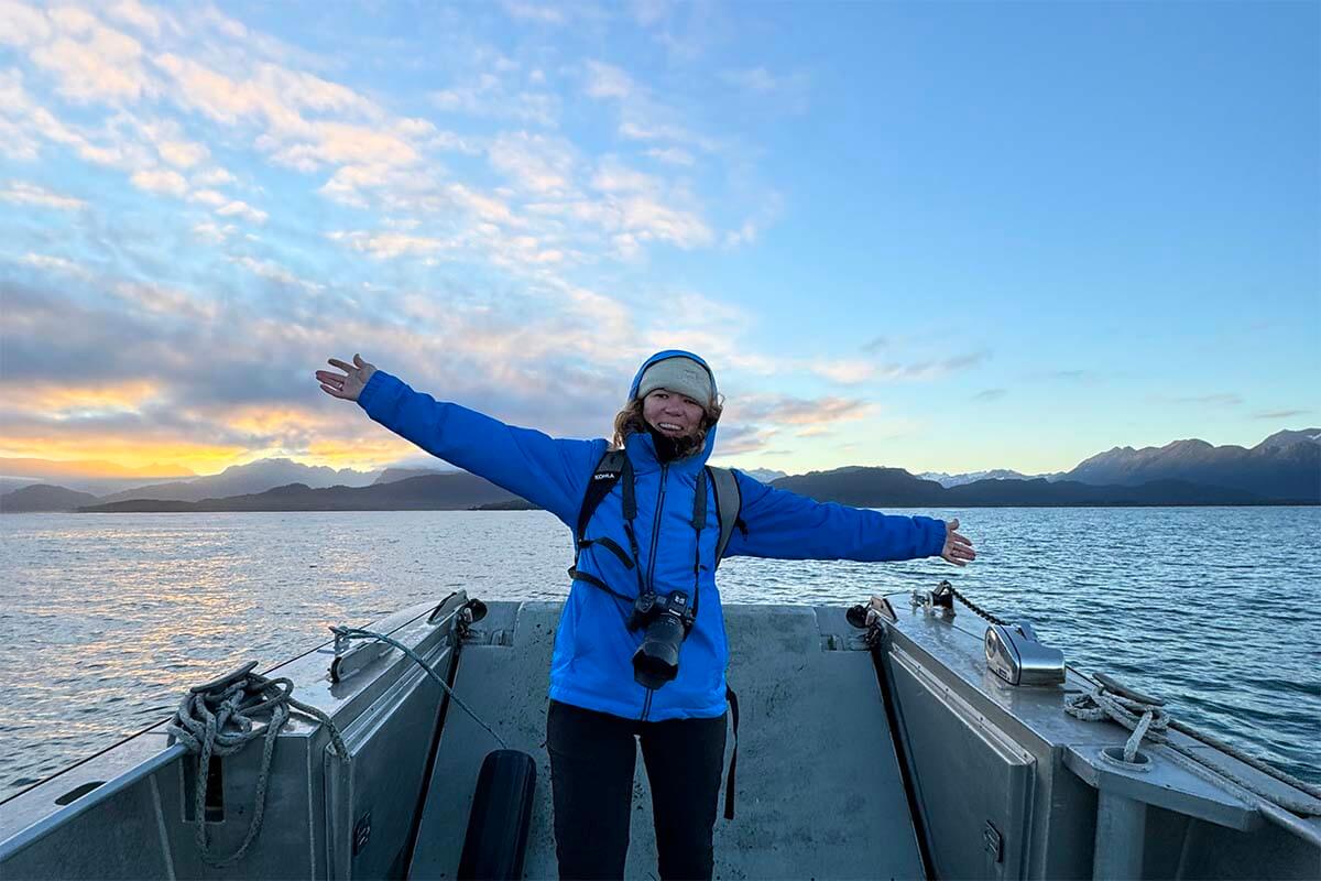 Me enjoying the boat ride on Kachemak Bay water taxi from Homer