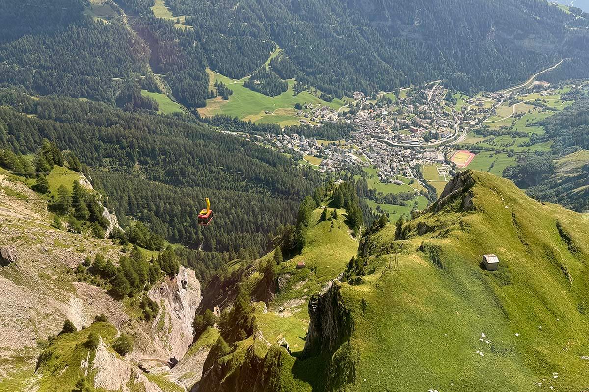 Gemmi cable car and Leukerbad town view from Gemmi Pass