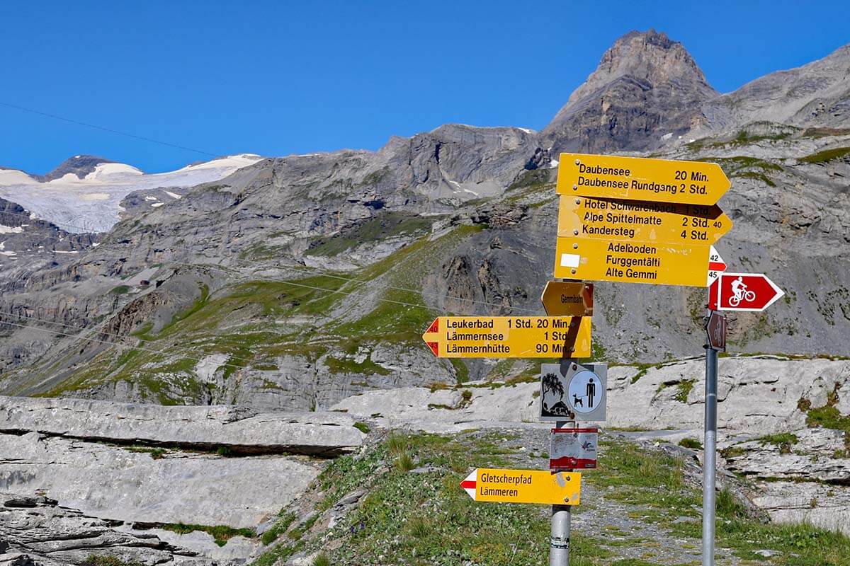 Hiking signs at Gemmi Pass in Switzerland