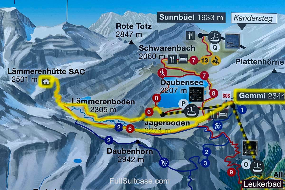 Map of Lammerenhutte hiking trail from Gemmi Pass Leukerbad Switzerland