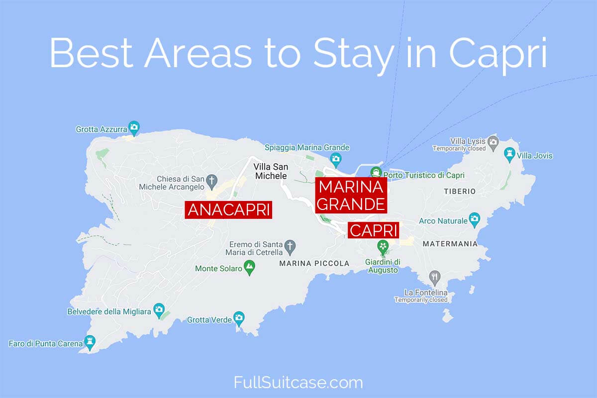 Map of the best areas to stay in Capri, Italy