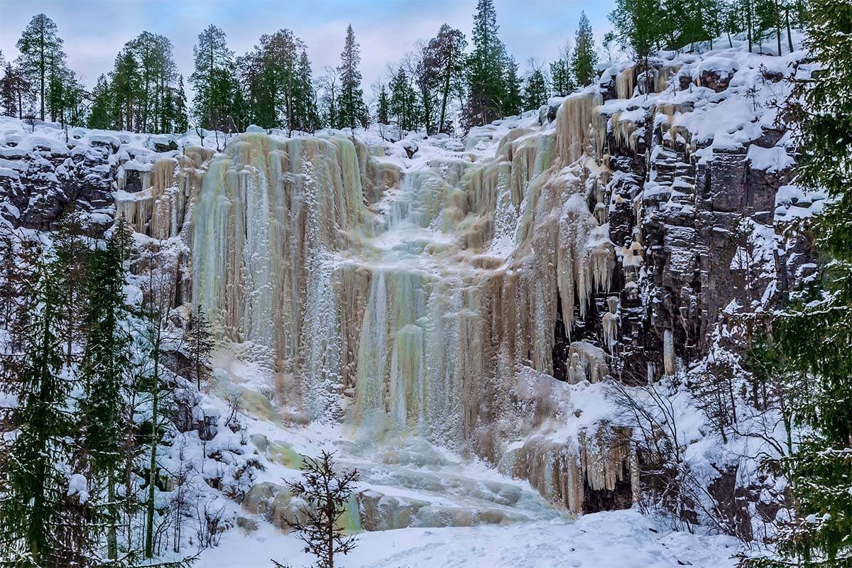 Frozen waterfalls at Korouma Canyon near Rovaniemi in winter