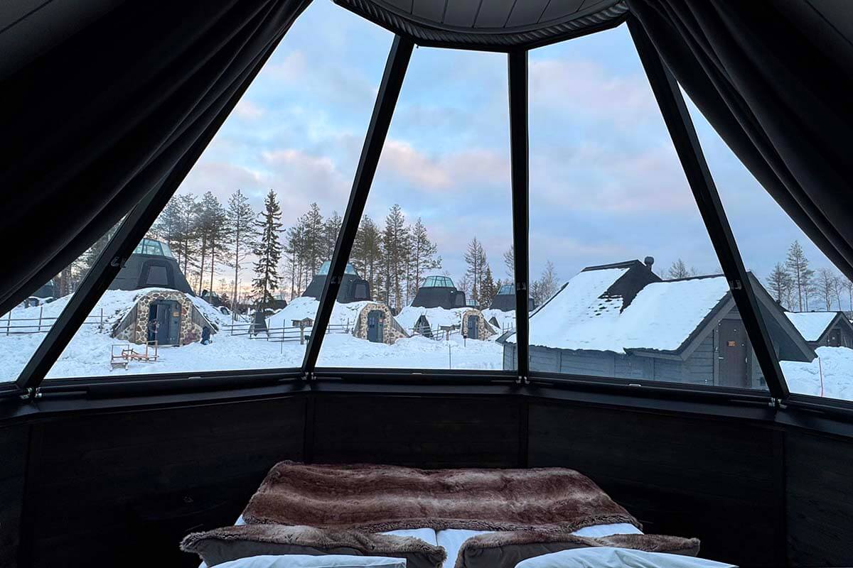 Glass igloos at Apukka resort in Rovaniemi in winter