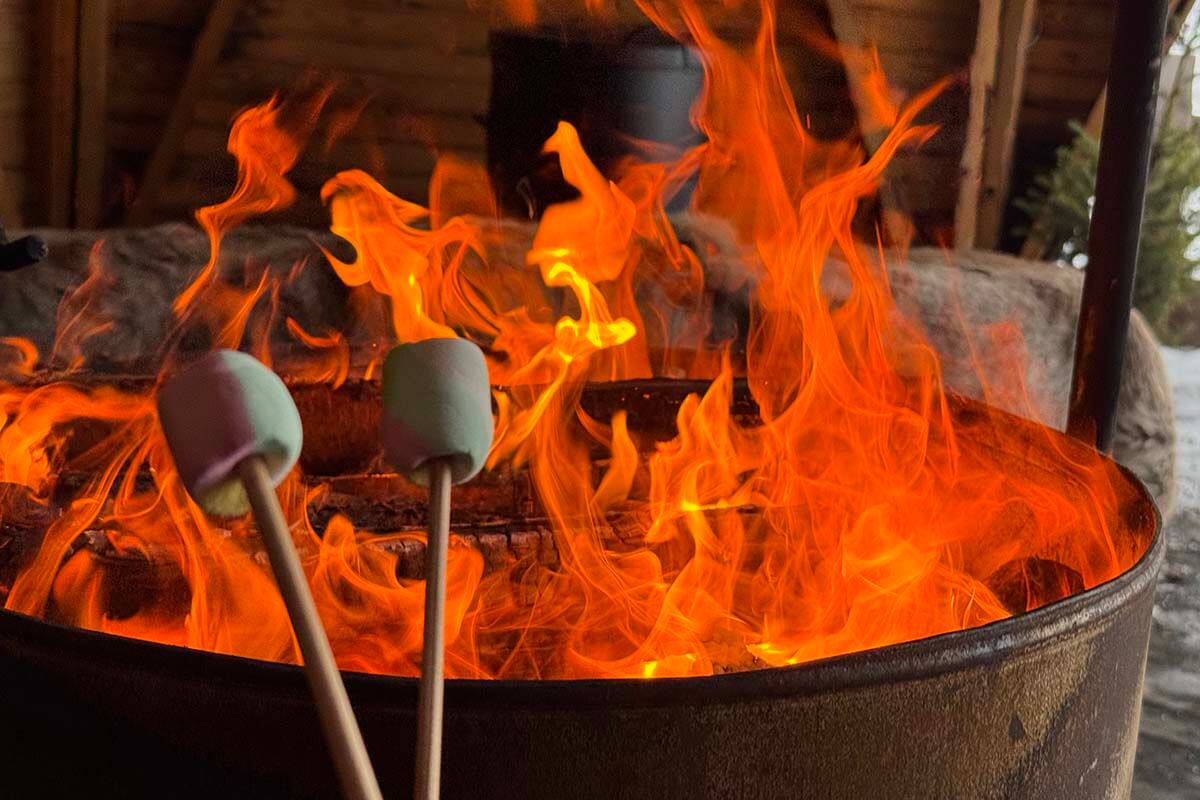 Roasting marshmallows over a fire in a Finnish kota in Lapland in winter