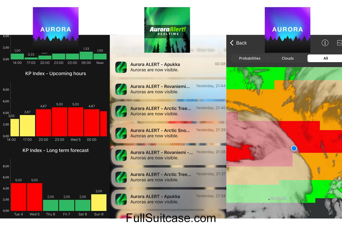 Screenshots of the best aurora apps I used in Rovaniemi