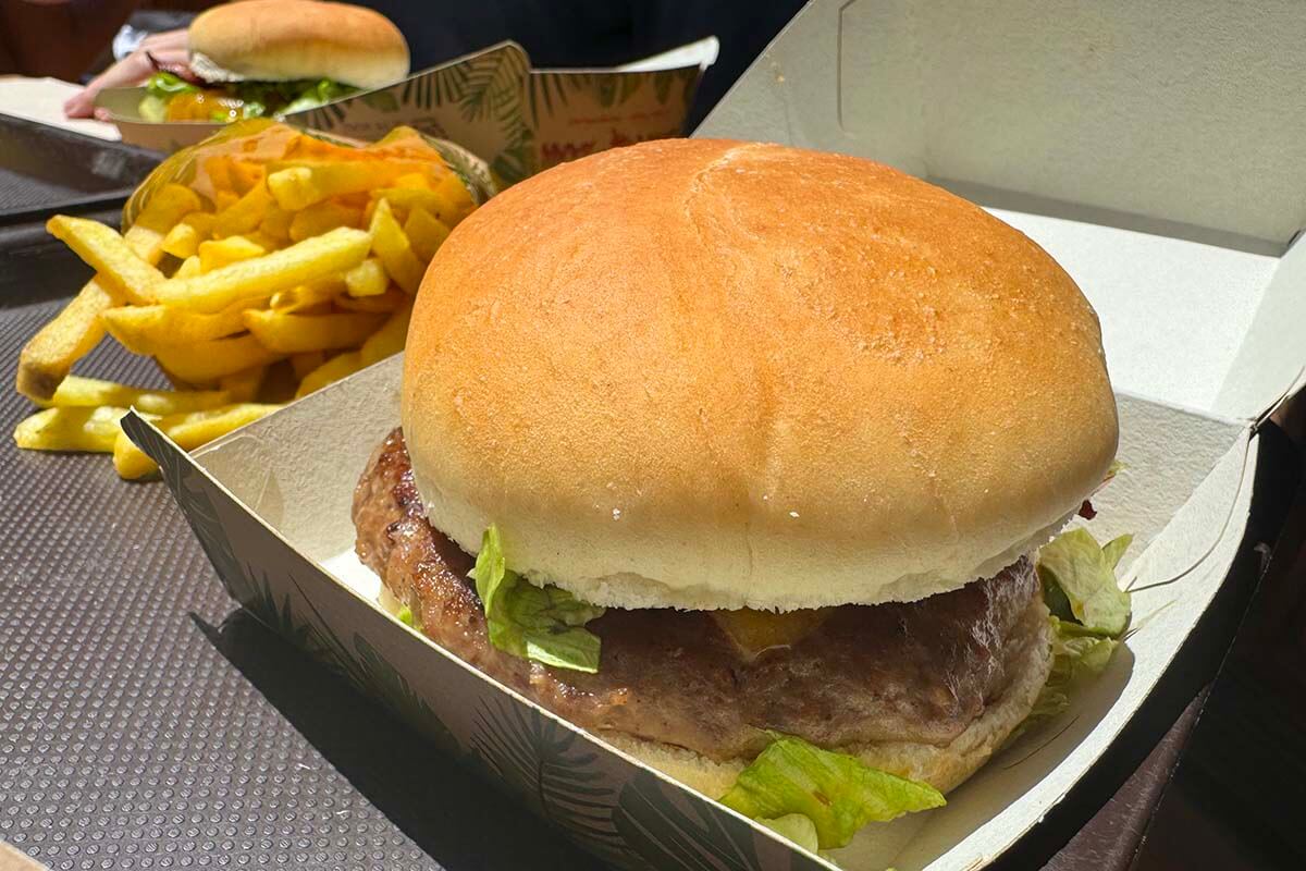 Burgers and fries at a restaurant at Fast food at Siam Park in Tenerife