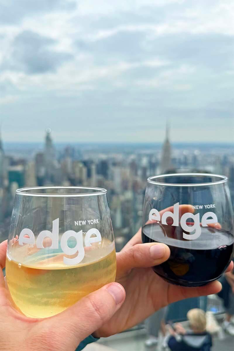 Enjoying a drink at the Edge outdoor observation deck in Manhattan