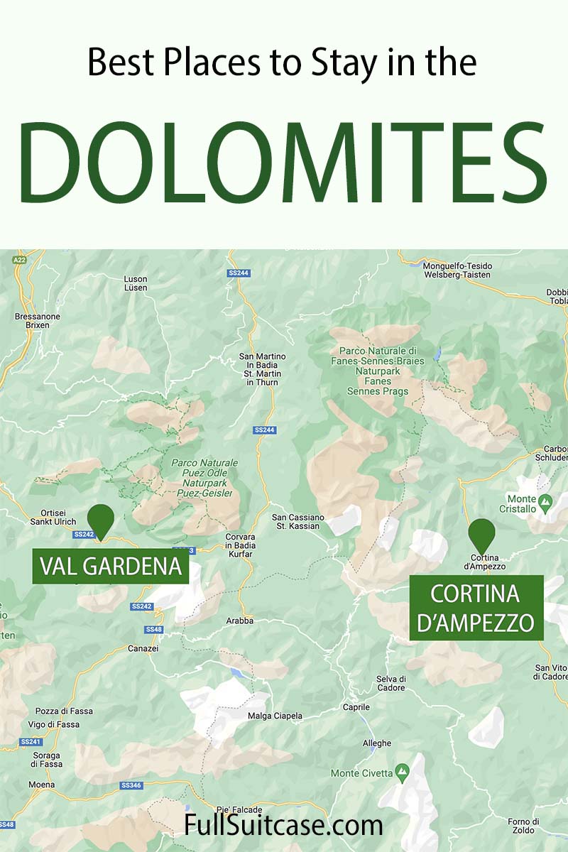 Map of the best areas and towns to stay in the Dolomites, Italy