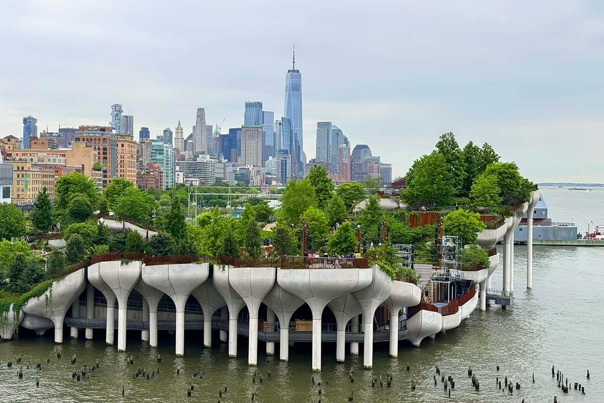 Little Island and Manhattan skyline - view from Rooftop Park at Pier 57.