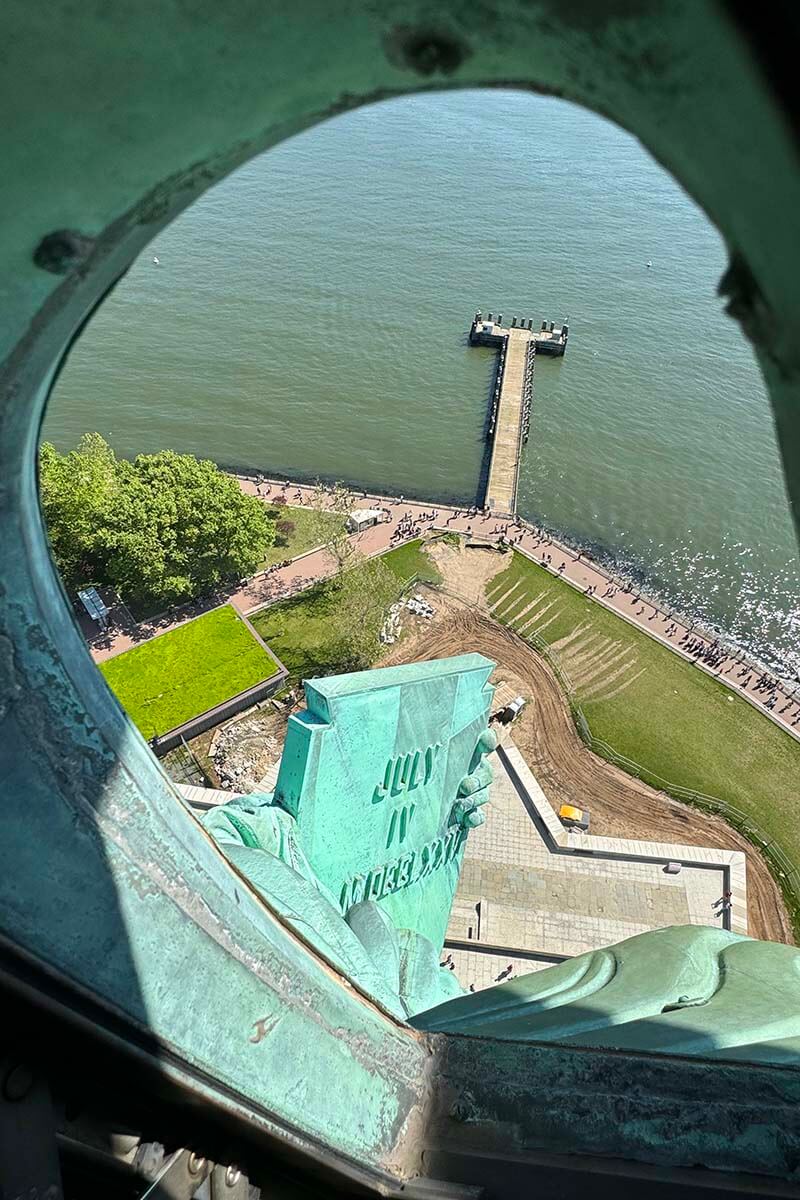 View from the Crown of the Statue of Liberty - the tablet with the date of the adoption of the Declaration of Independence