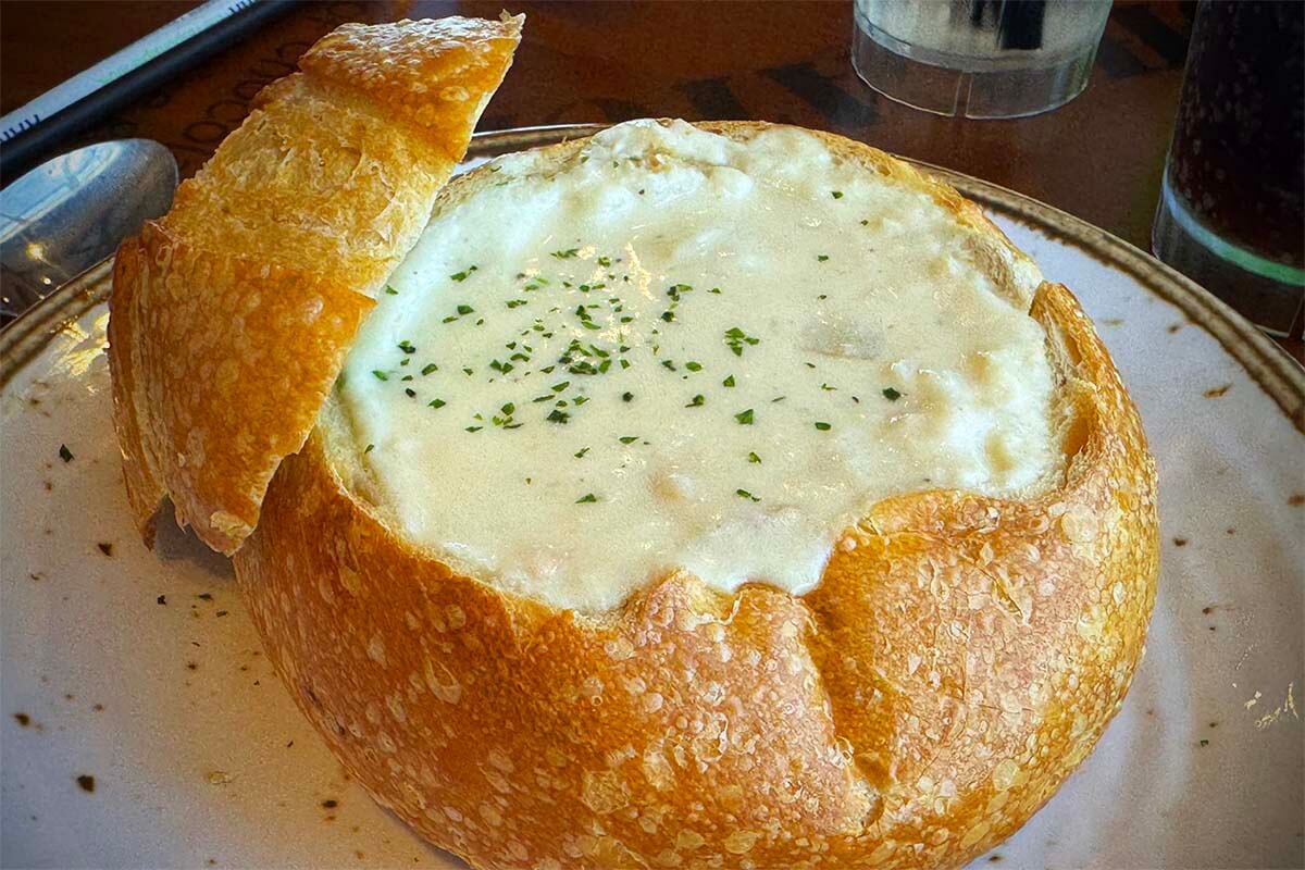 Clam chowder in sourdough bread bowl at Bubba Gump Shrimp Co at Pier39 in San Francisco