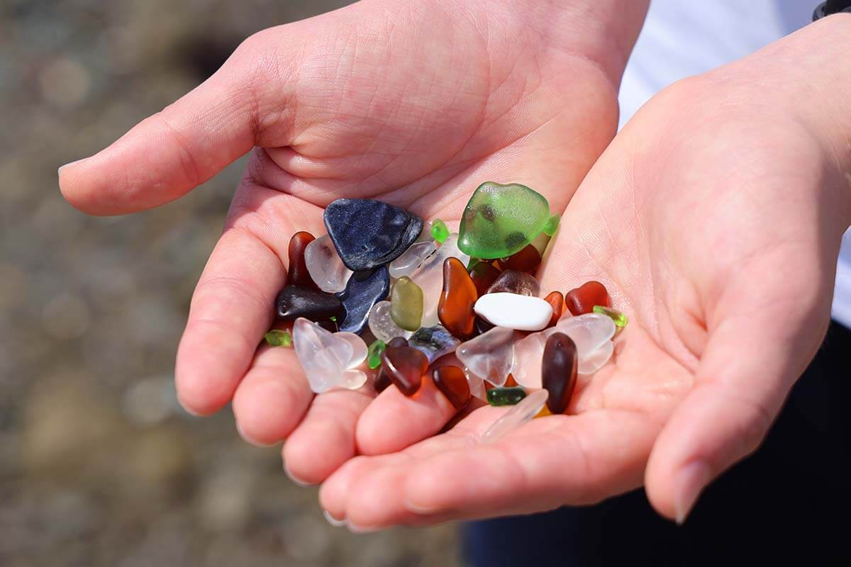 Colorful sea glass on Glass Beach in Fort Bragg, California