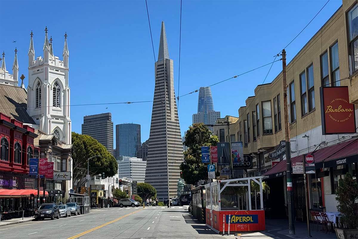 North Beach Italian neighborhood and Transamerica Pyramid in San Francisco