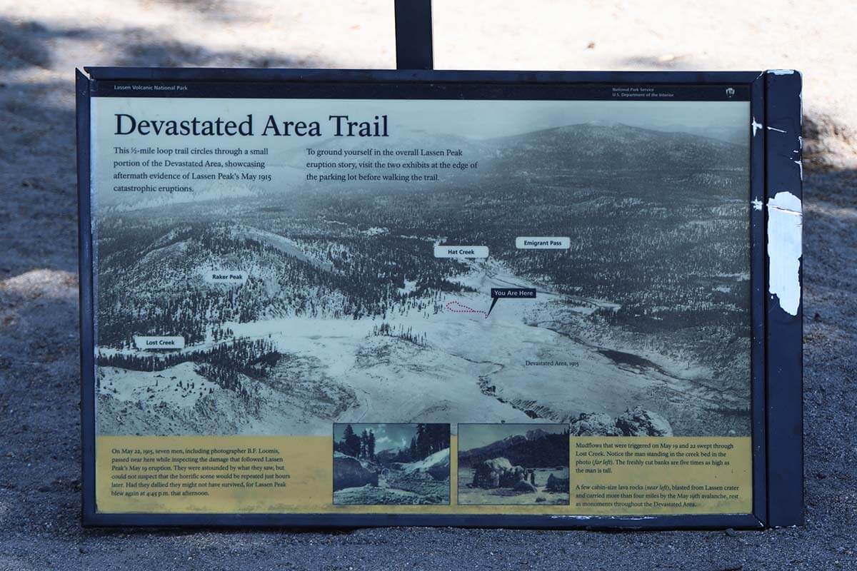 Devastated Area Trail sign in Lassen Volcanic National Park