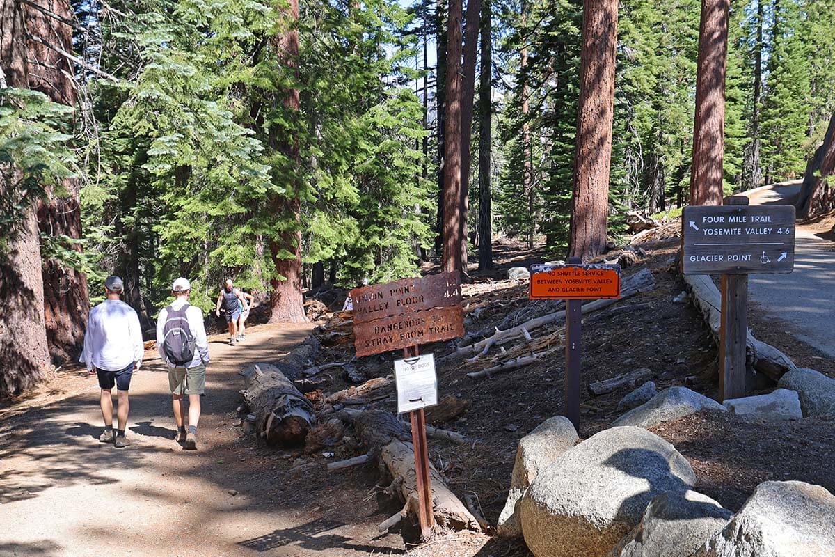 Four Mile Trail hiking signs at Glacier Point in Yosemite