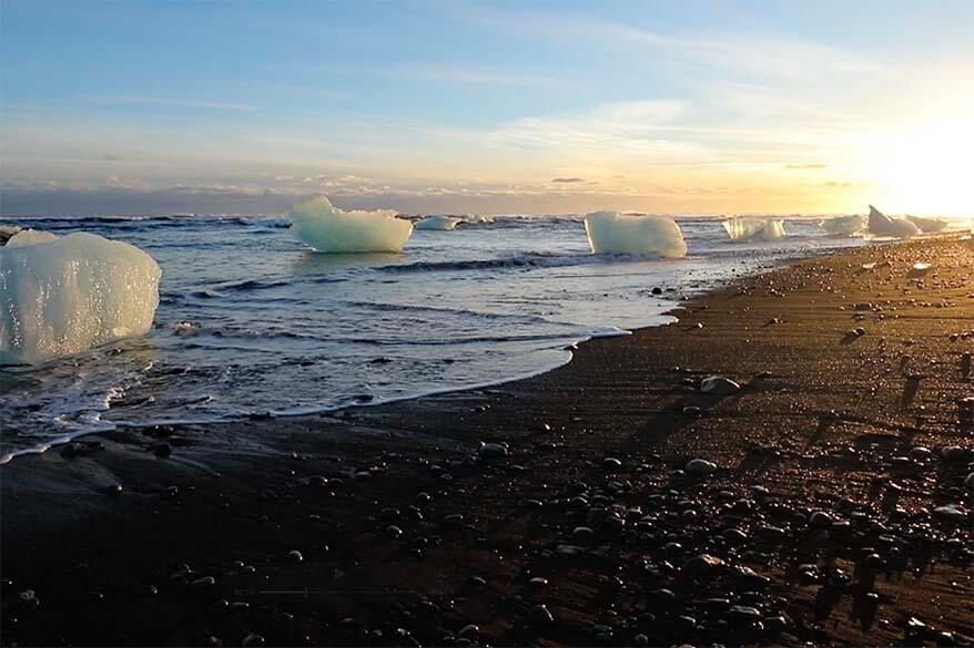 Iceland Diamond Beach at sunset in winter
