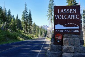 Lassen Volcanic National Park sign and scenic road
