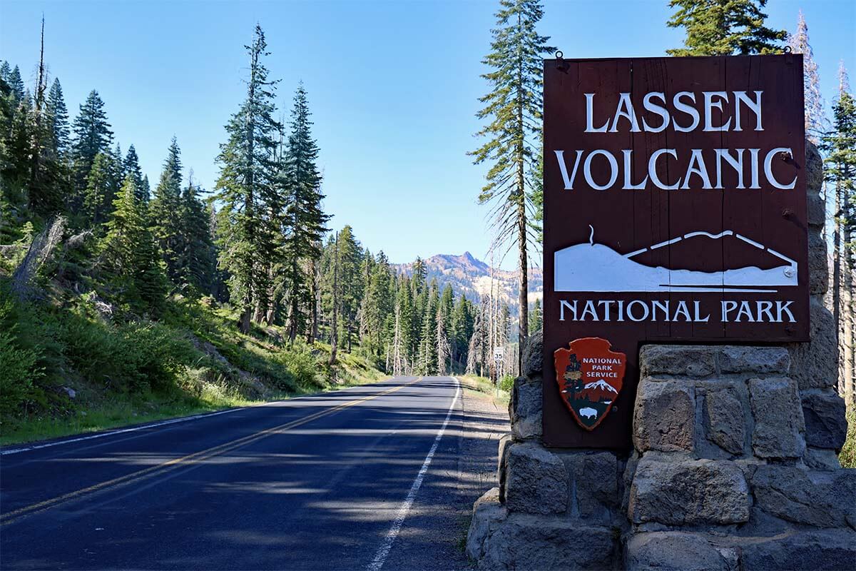 Lassen Volcanic National Park sign and scenic road