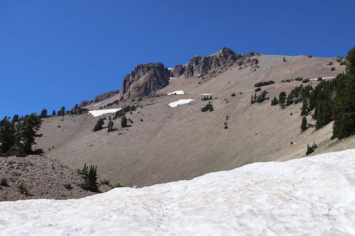 Lassen Volcano as seen from the Lassen Peak trailhead and parking