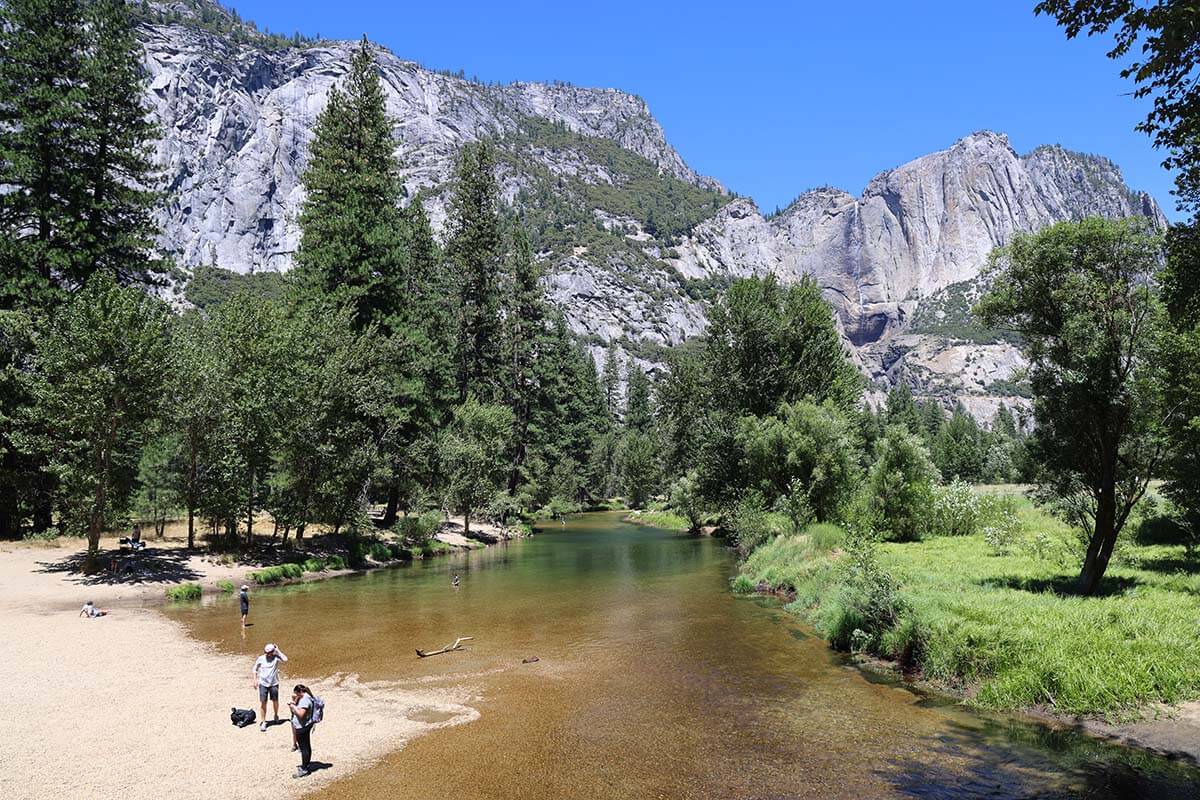 Swinging Bridge Picnic Area at Merced River in Yosemite Valley
