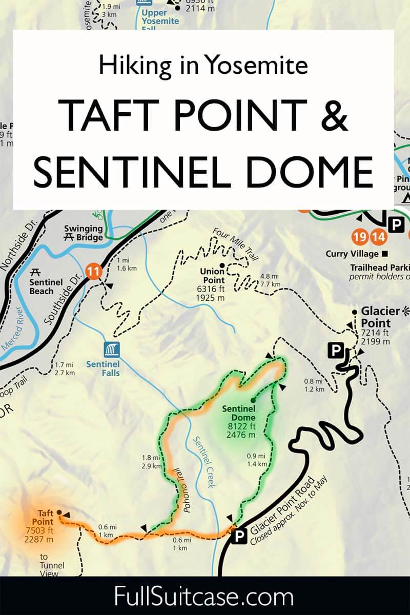 Taft Point and Sentinel Dome trail map. Hiking in Yosemite National Park