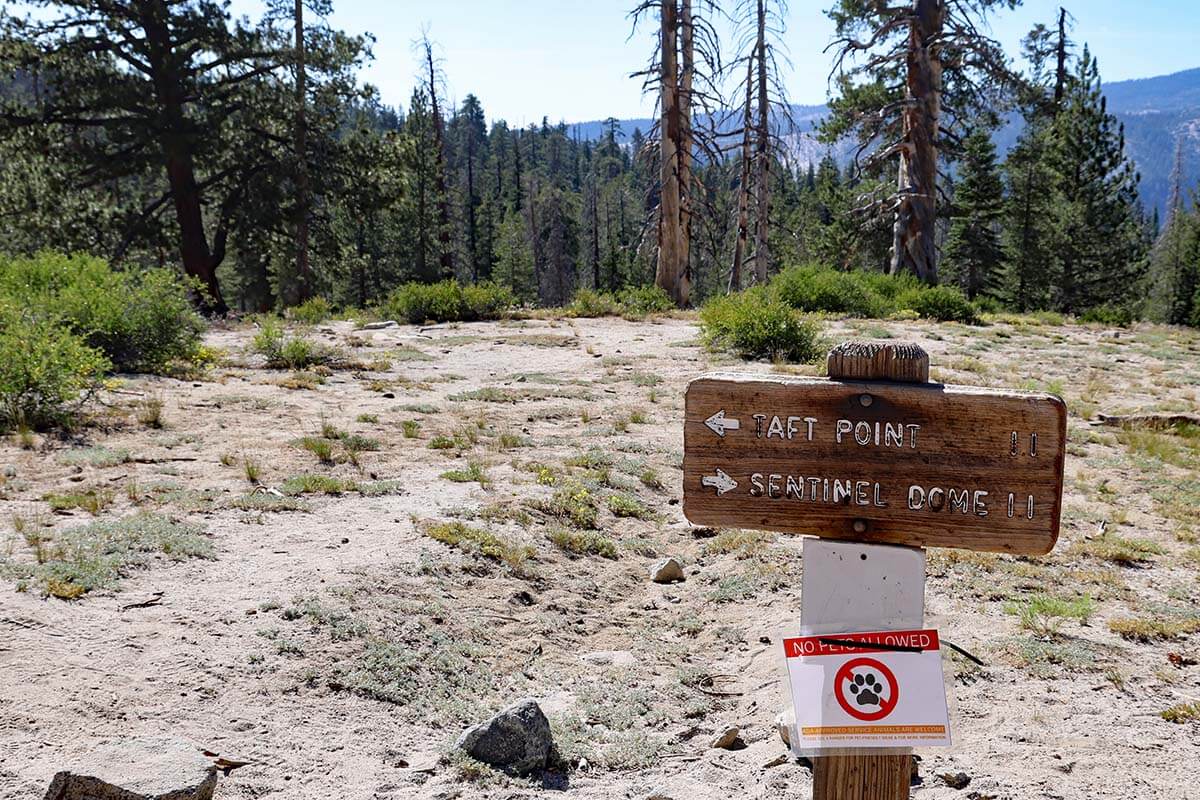 Taft Point and Sentinel Dome trail signs at Glacier Point Road