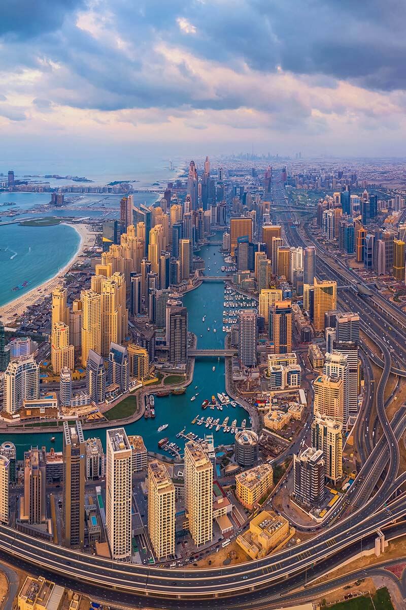 Aerial view of Dubai Marina, JBR Beach, and Sheikh Zayed Road in Dubai UAE