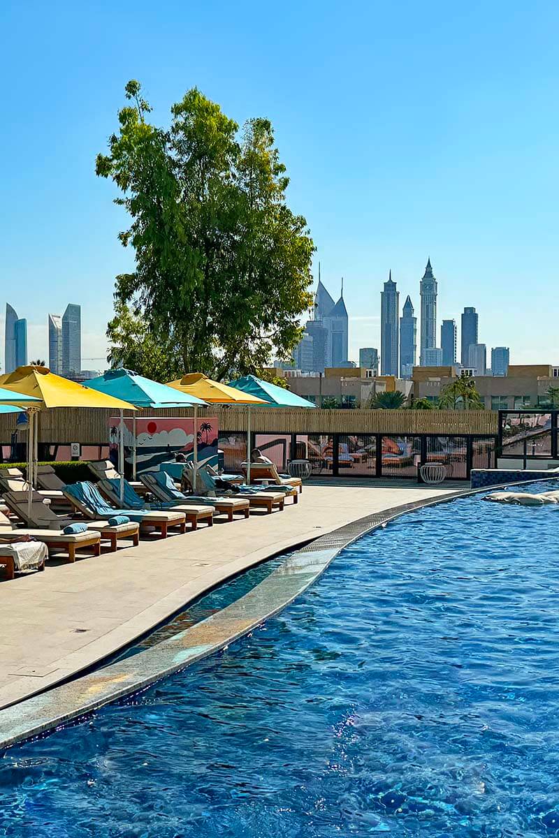Dubai skyline view from Rove La Mer Beach Hotel swimming pool