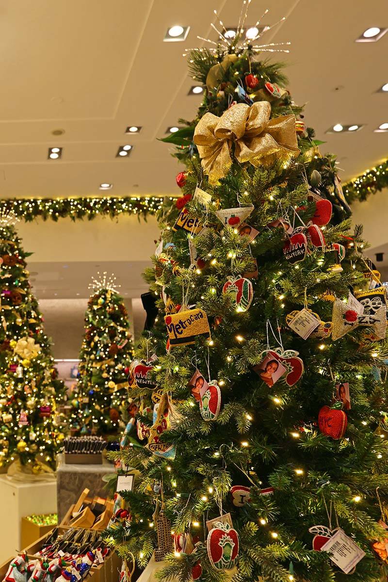 Christmas trees at Saks Fifth Avenue department store in New York in the holiday season