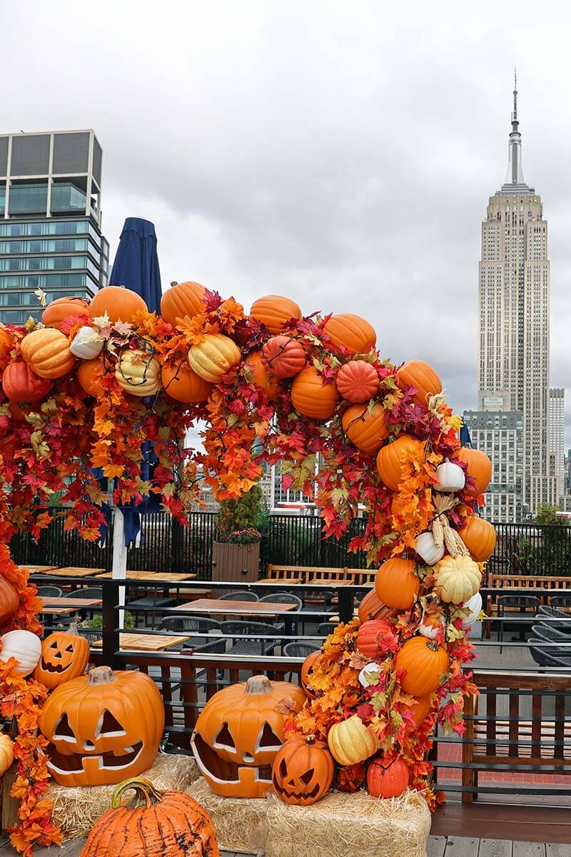 Halloween decorations and Empire State Building in New York City in the fall