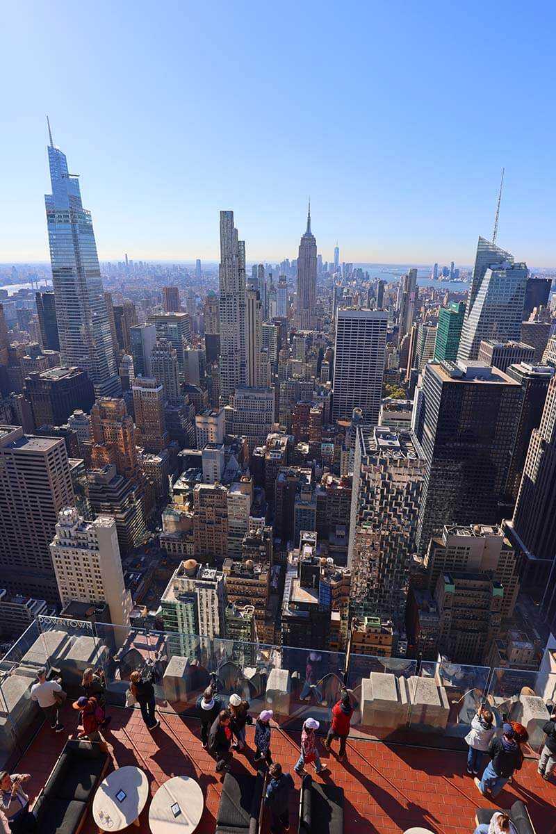 Manhattan view and the Top of The Rock observation deck on a sunny day at the end of October