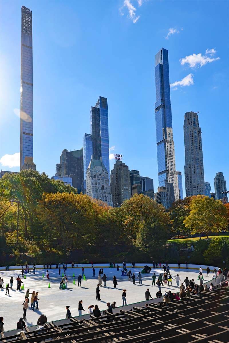 People ice skating at Wollman Rink in Central Park in NYC in late October
