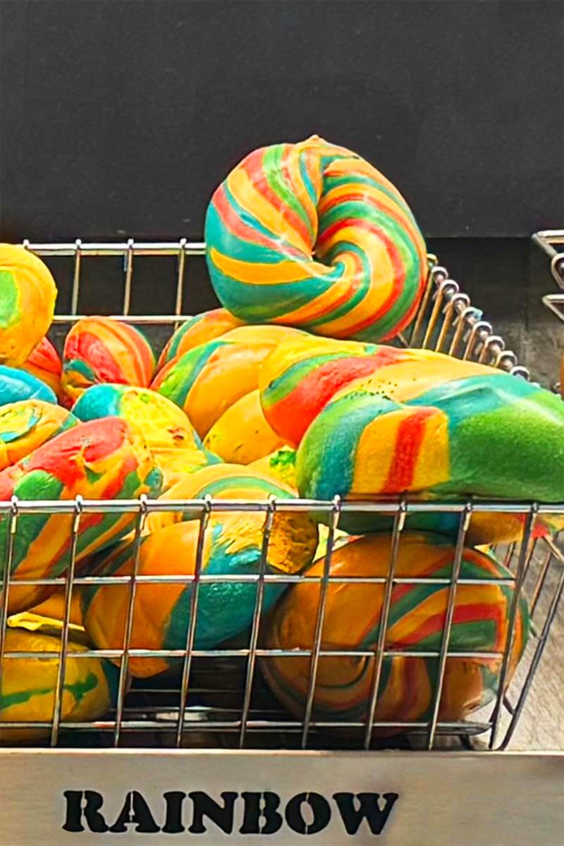 Rainbow bagels at Liberty Bagels shop in New York
