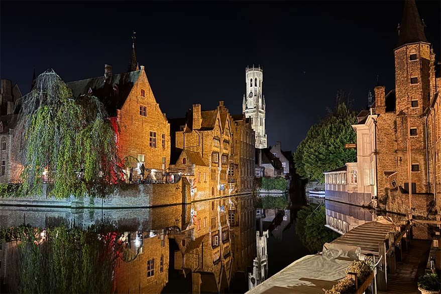 Medieval buildings in Bruges lit at night