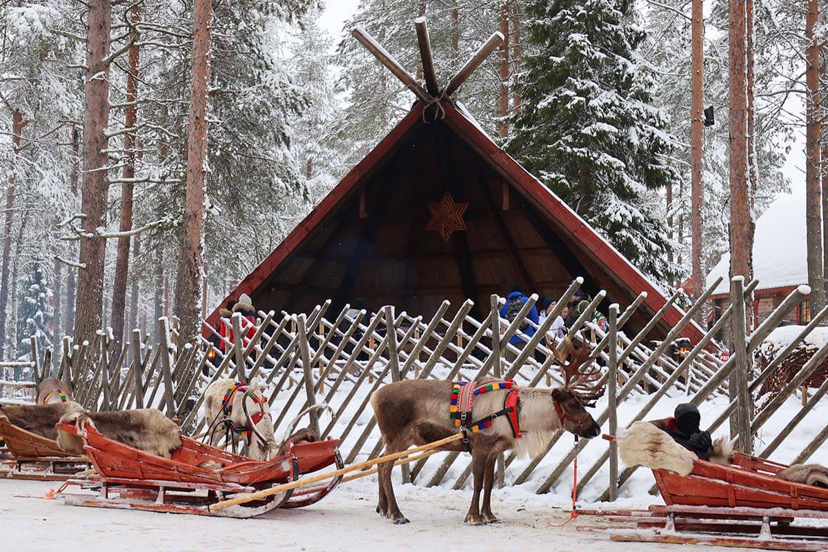 Reindeer sleds at Santa Claus Village in Rovaniemi in winter