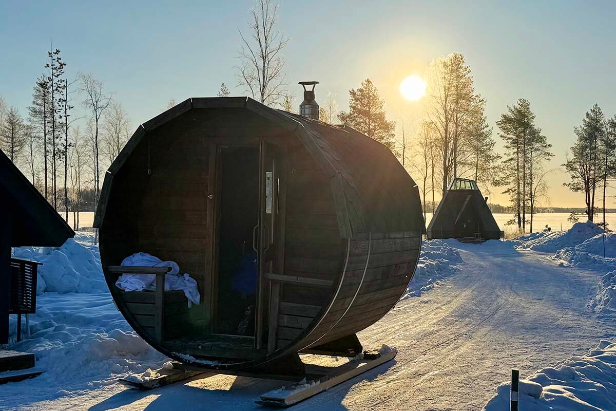 Traditional Finnish sauna delivered to your doorstep in Lapland in winter