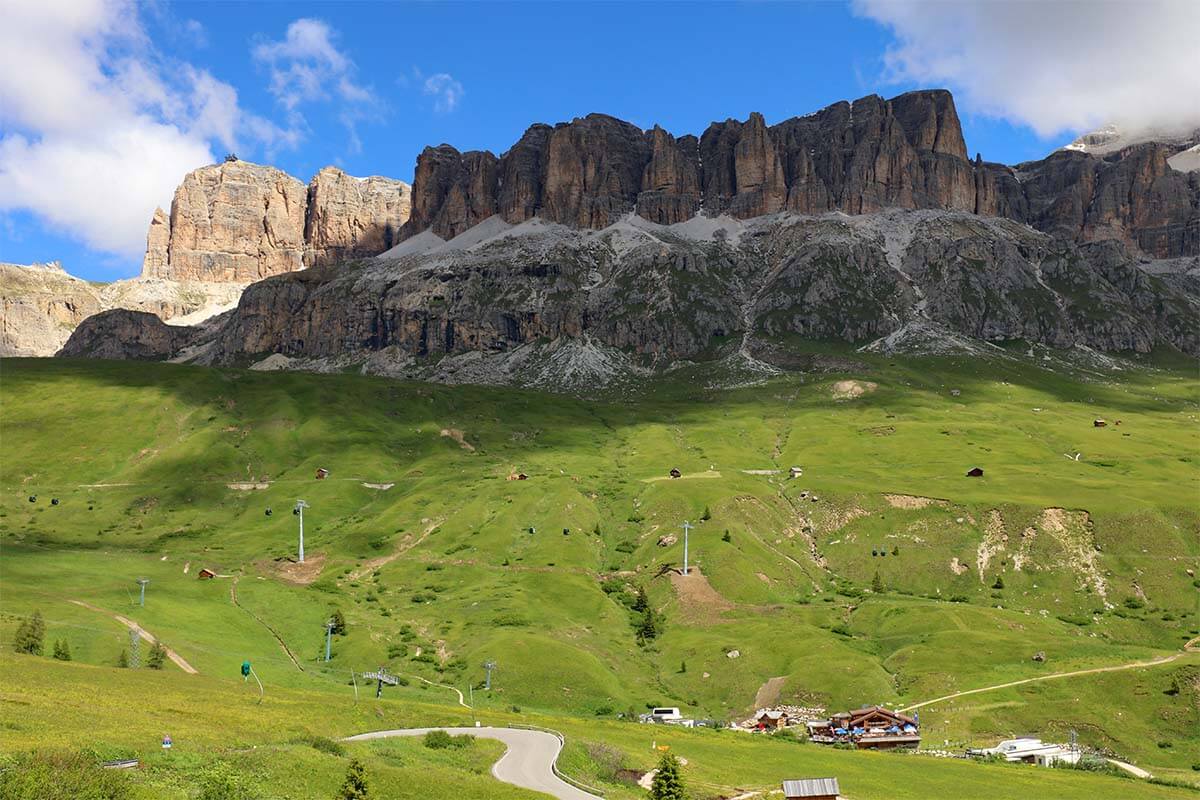 Pordoi Pass scenic road in the Dolomites Italy