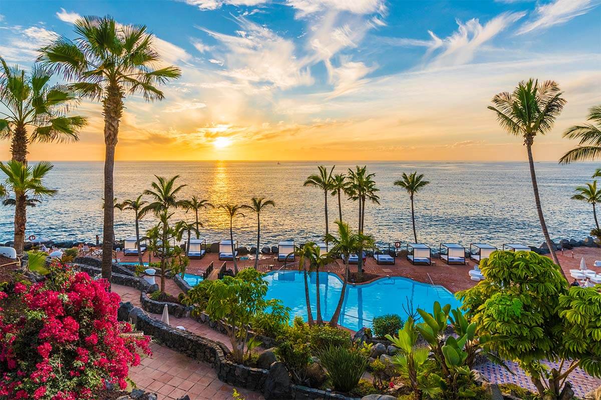 Sunset view from Dreams Jardiin Tropical Resort & Spa hotel on Costa Adeje, Tenerife