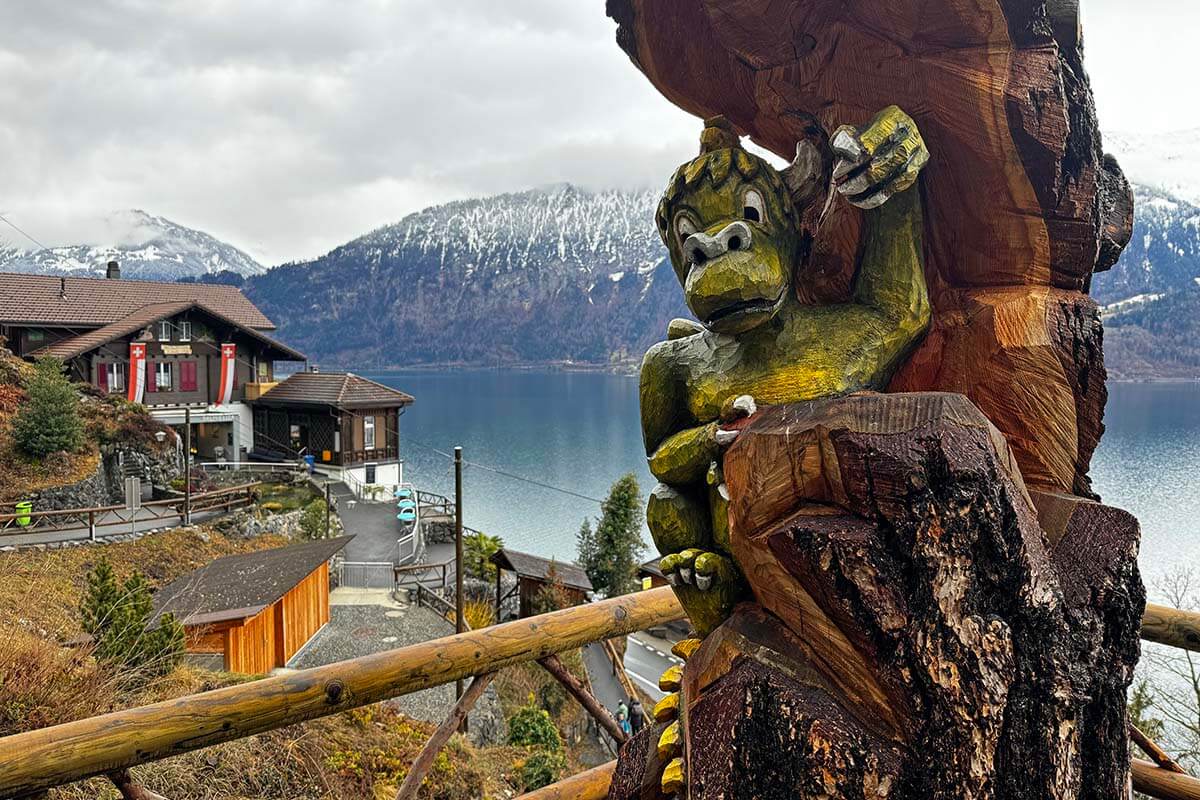 Dragon wood carving and Museum at St Beatus Caves at Lake Thun in Switzerland