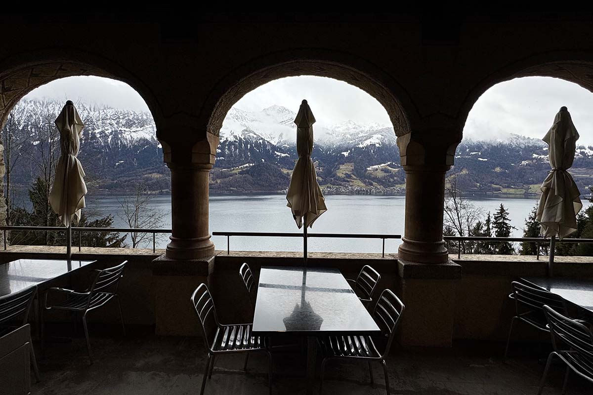 Lake Thun view from Restaurant Stein & Sein at St Beatus Caves