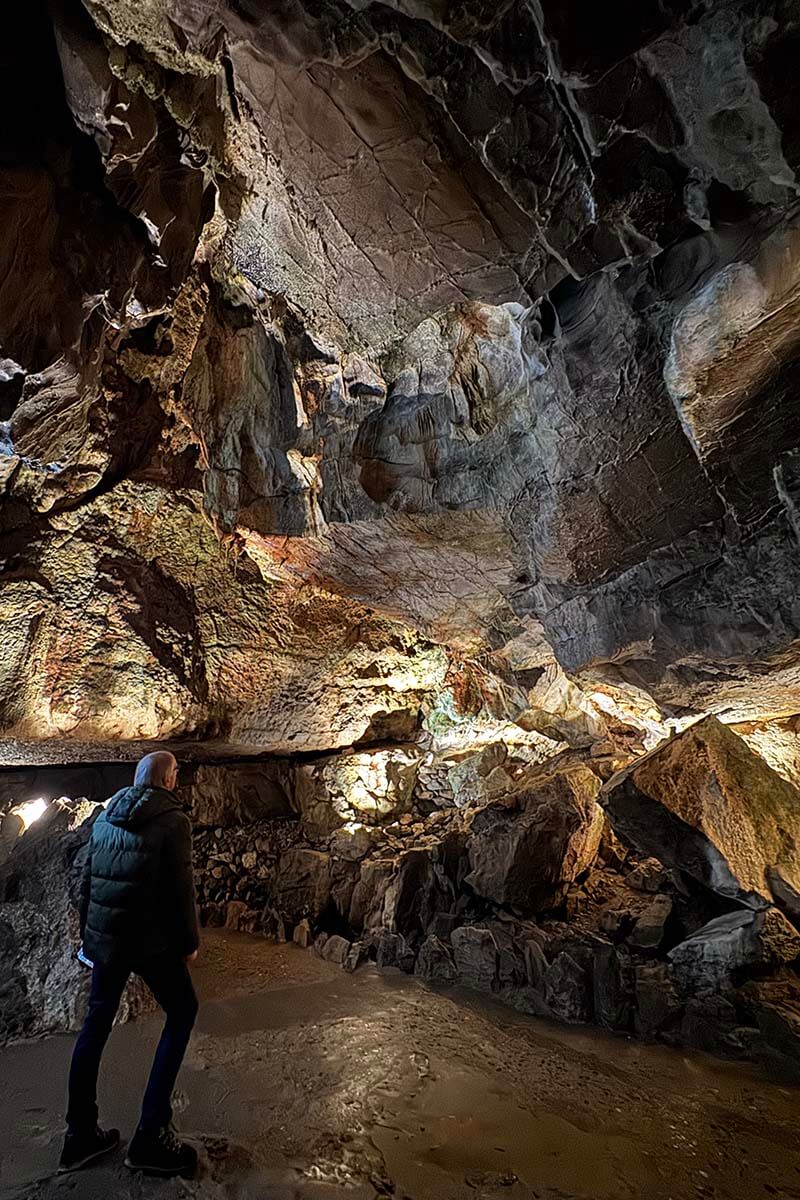 Tourist inside the Dome Grotto at St Beatus Caves in Switzerland