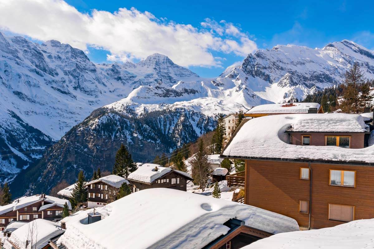 Mürren village and snowy mountains in Switzerland in winter