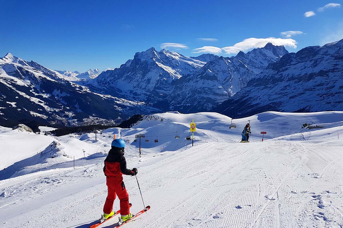 Skiing at Männlichen in Switzerland in winter